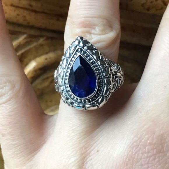 Natural Blue Sapphire Sterling Silver Ring Size 7 - Picture 1 of 10